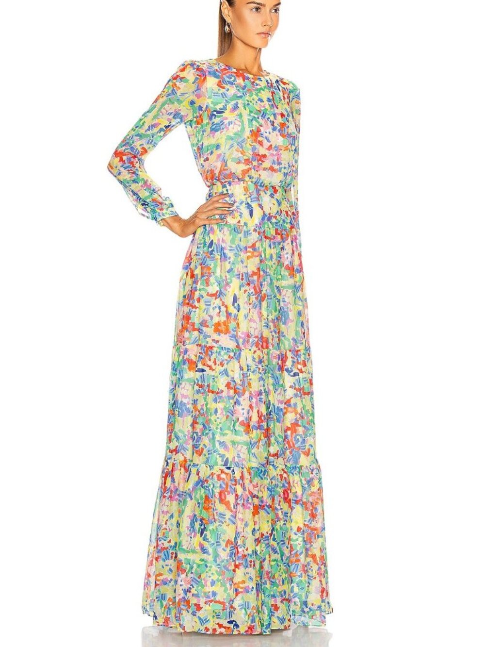 Saloni Isabel Summer Confetti Printed Tiered Long Silk Dress, US 4 - Picture 3 of 6
